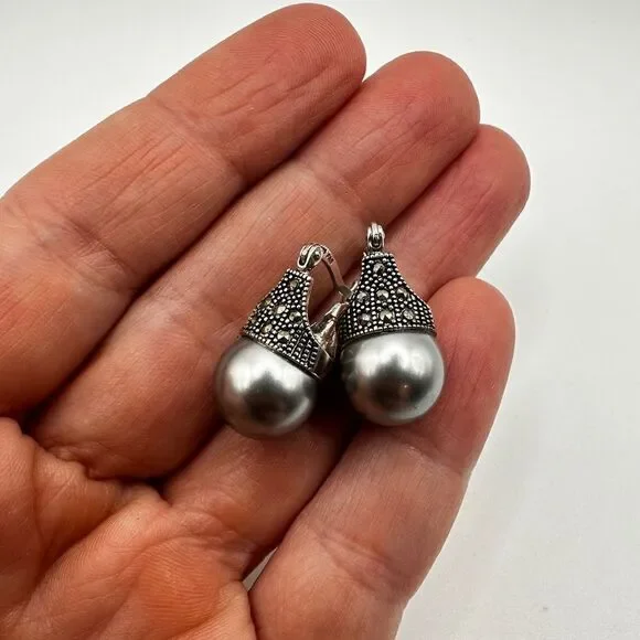 Sterling silver marked, faux pearl‎ and marcasite “huggie” earrings!