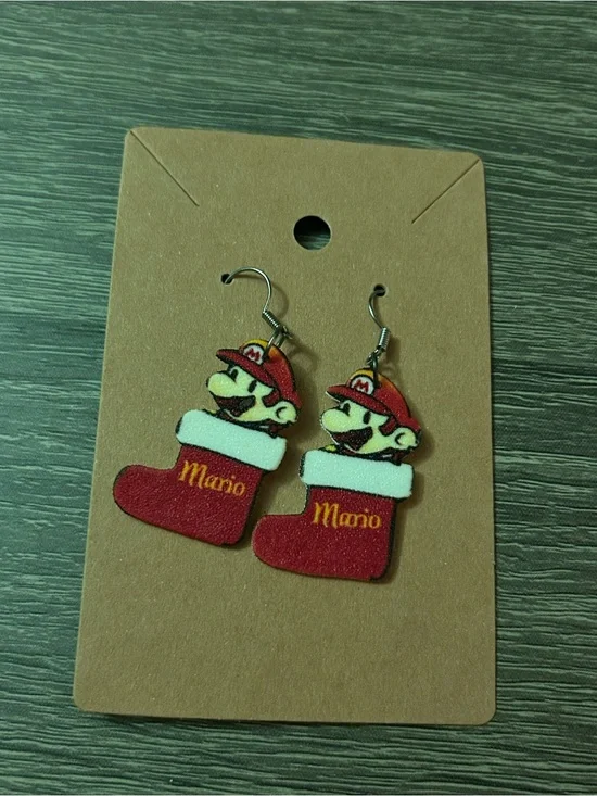 Super Mario Red Christmas Stocking Drop Earrings Holidays Festive Womens Jewelry