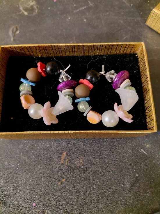 Mixed Color Floral Bead Hoop Earrings - Pink, Purple & Pearl Accents