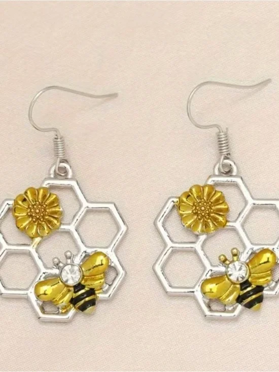Yellow Bee & Flower Honeycomb Drop Earrings - Women Jewelry