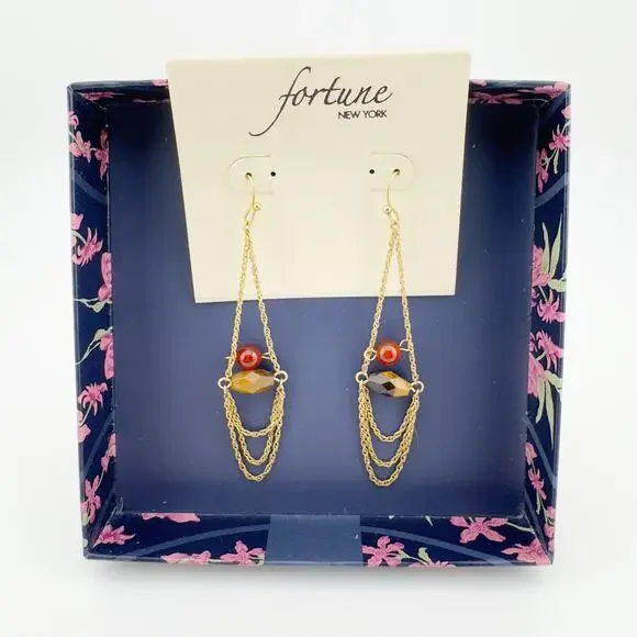 Fortune New York Chain Drop Earrings Gold Tone‎ with Red and Amber Beads