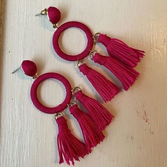 Fuchsia Hoop and‎ tassel Boho post dangle earrings