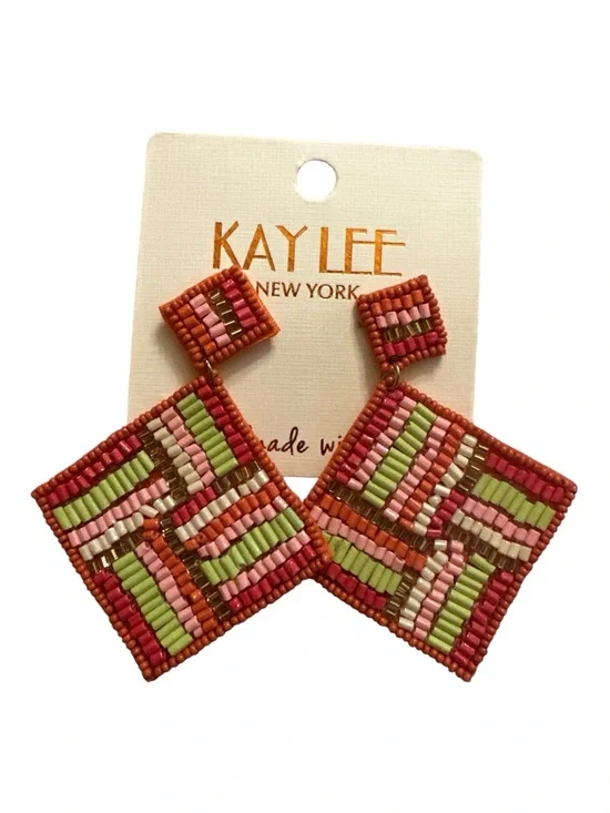 Kaylee New York Pink & Green Beaded Square Drop Earrings