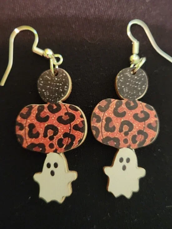🎉 Pumpkin & Ghost Wooden Earrings
