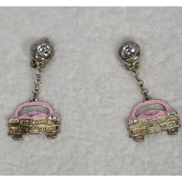 Vintage Mary Kay‎ Pink Cadillac Earrings Rhinestone Kitsch Car Novelty