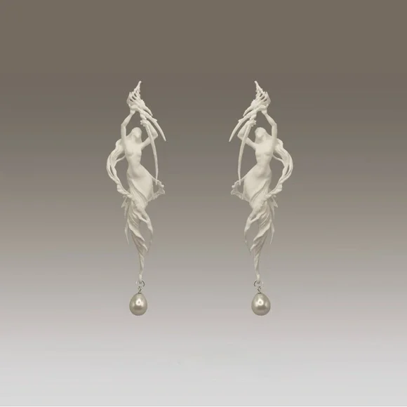 Goddess‎ Siren Statement Earrings with Baroque Pearl Drop – 3.2” Art Nouveau