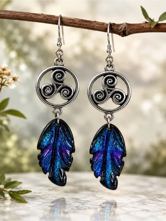 Celtic Triskelion Leaf Earrings | Iridescent Glass Dangles | Premium Leverbacks