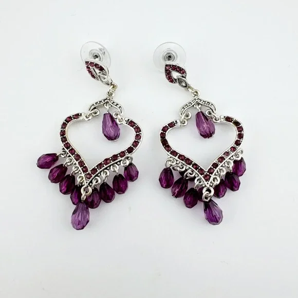 Purple Heart Dangle Earrings Silver Tone Acrylic Bead Chandelier Style‎