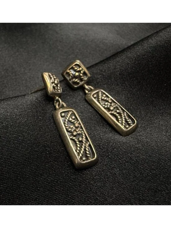 Vintage 925 Sterling Silver Rectangular Dangle Earrings With Floral Detailing