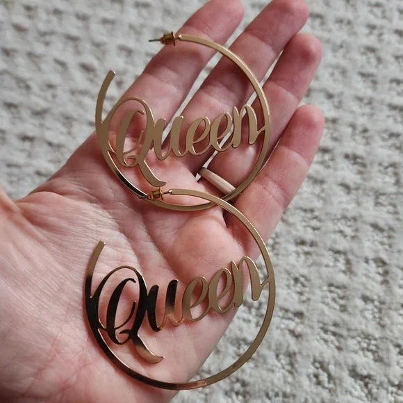 Gold Tone‎ Queen Hoop Earrings Statement Dangle Large Fashion Jewelry