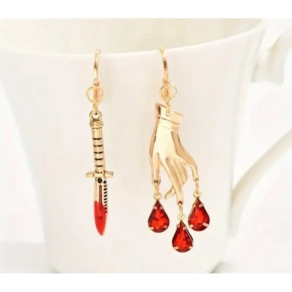 Gothic Sword & Hand Earrings – Red Crystal Asymmetrical Statement Dangle Jewelry