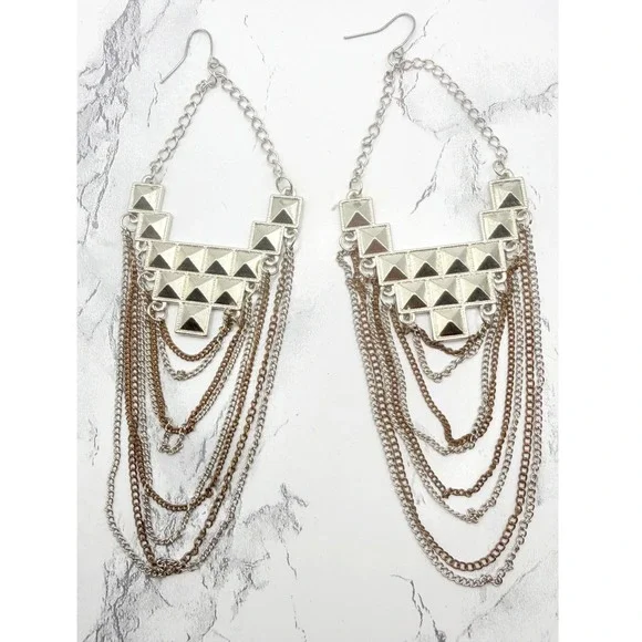 Extra Long Pyramid Stud Chain Fringe Earrings Mixed Metal Shoulder Dusters 6