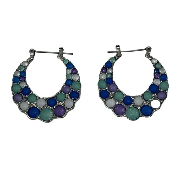 Hoop Earrings Silvertone Purple Blue White Faceted Bubble‎ Hinged Back