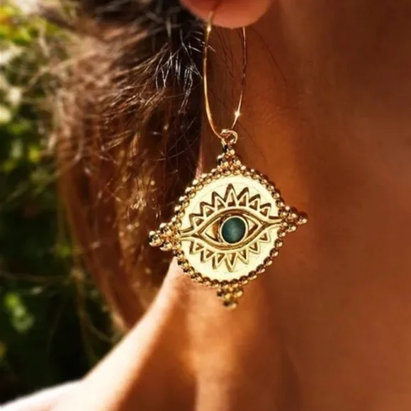 2/$30🌵 Egyptian Revival Eye Of Horus Evil Eye Earrings Antiqued Gold Hoop NEW