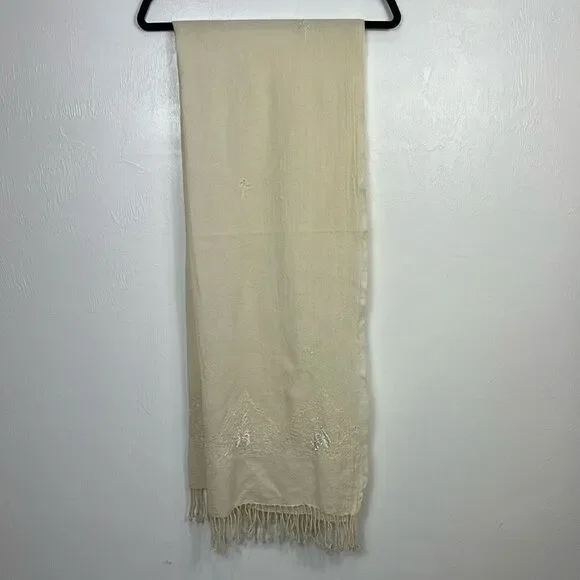 Frangi Tie Rack Wool Cream Color Christmas Tree Embroidered Beaded Scarf