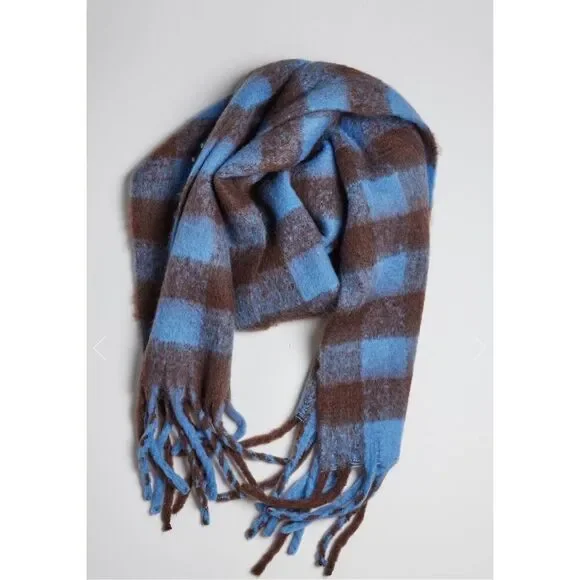 Blue and brown plaid oversized scarf