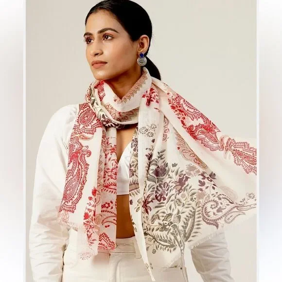 NWOT J. Jill Lightweight Oblong Scarf Woven Wool Paisley Wrap Ivory Red 24x70
