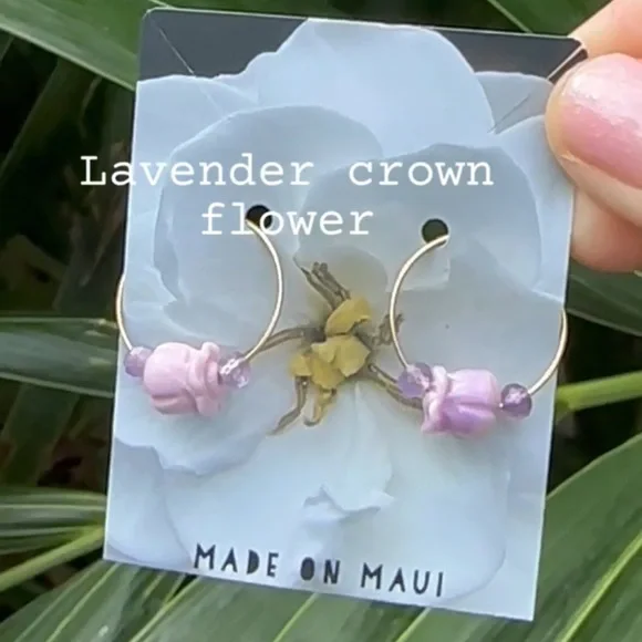Handmade Pua Kalaunu Flower Gold Filled Hoop Earrings Purple Beaded Boho