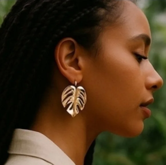 Large Goldtone Leaf Leaves Dangling Earrings
