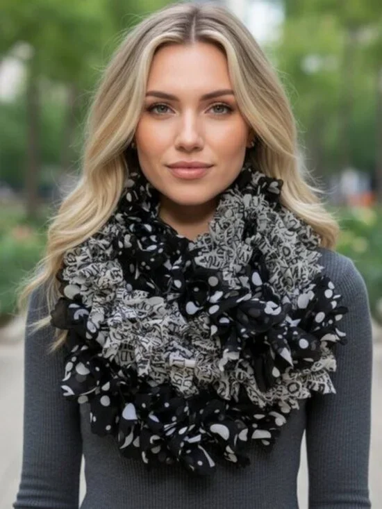 Vintage Handmade Chiffon Pom Pom Scarf Two Scarves Shreds Polka Dots US Cities