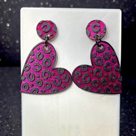 Pink Leopard Heart Earrings