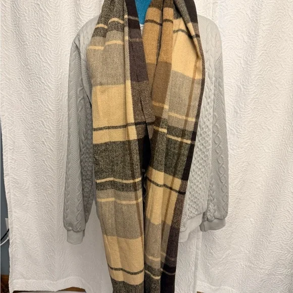 Large Unisex Plaid Wool Scarf in Beige, Brown,and Tan.