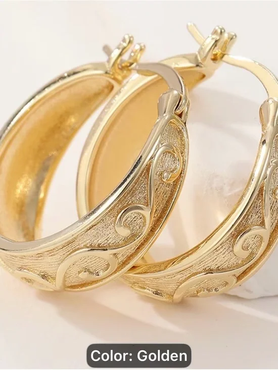 Vintage Golden Textured Scroll Hoop Earrings - Women Jewelry