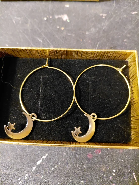 Gold Crescent Moon & Star Hoop Earrings for Women