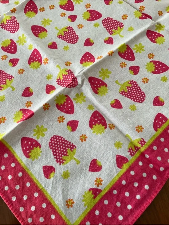Pink Strawberry Print Cotton scarf - green & White Accents 20“ x 20“