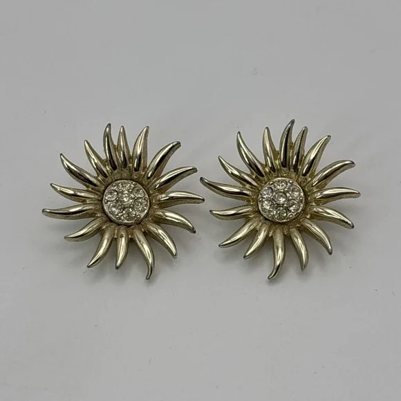 Vintage Marboux Clip On Gold Tone Earrings Sun Sunburst Flower Rhinestones