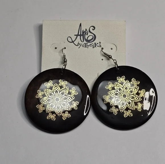 Treska Earrings Brown & Gold Flower Round Dangle Drop‎ Bohemian New