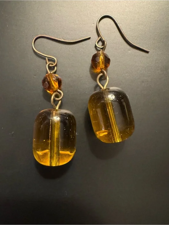 Vintage Amber Lampwork Glass Dangle Earrings - Cognac Honey Tone Boho