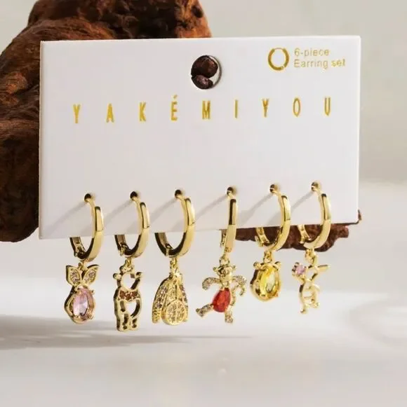 Winnie The Pooh 14K Gold Plated Gemstone Stud Dangle Earring Set