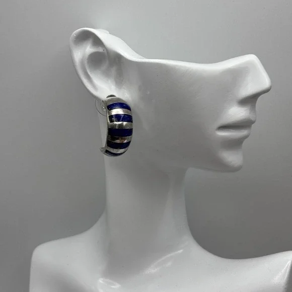 925 Sterling Silver And Lapis Lazuli Inlay Half Hoop Earrings