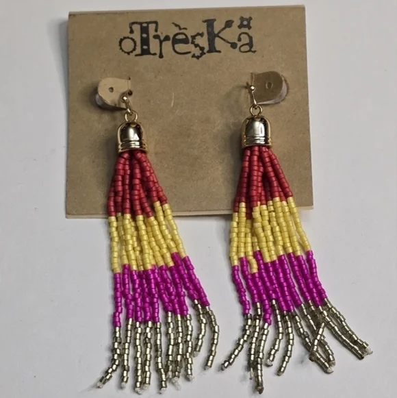 Treska Beaded Tassel Earrings‎ Red Yellow Pink Silver Fringe Drop Boho Statement