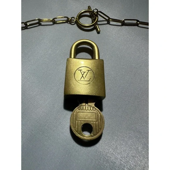 Louis Vuitton Brass Padlock 202 and Key with Gold Tone Paperclip Chain Necklace