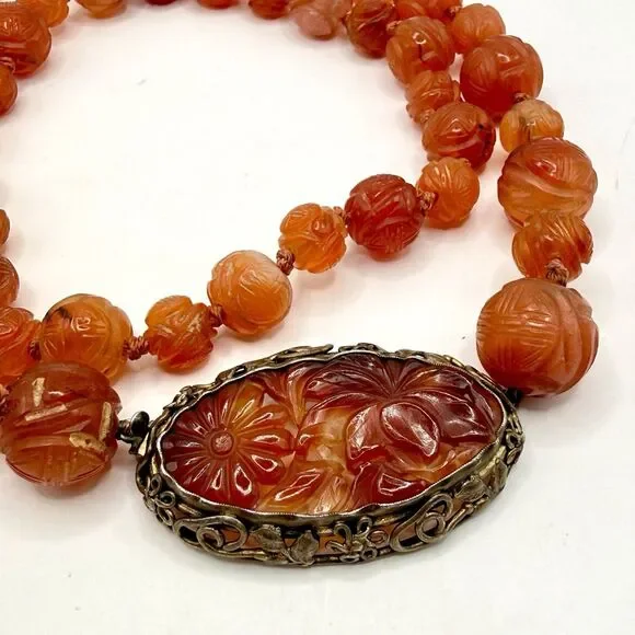 Vintage Chinese Carved Carnelian Sterling Silver Filigree Art Deco Bead Necklace