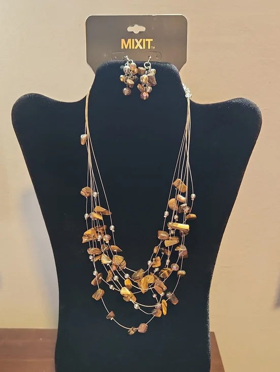 NWT Mixit Layered Brown and Gold Bead Necklace with Matching Earrings