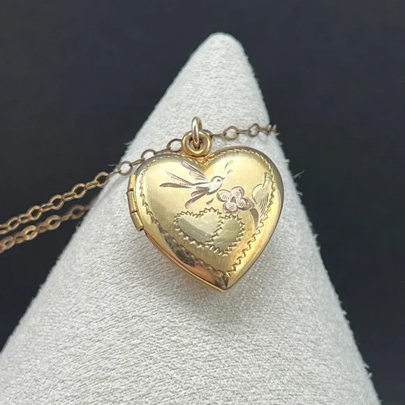 Vintage Gold Filled Heart Locket Necklace Etched Bird Flower 12KT GF 18