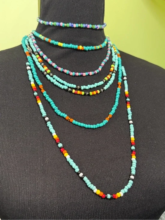 7-Piece Handmade Layered Turquoise Seed Bead Necklace Set