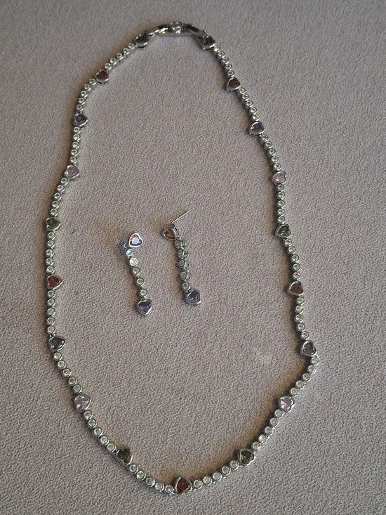 Multicolor Heart Crystal Necklace & Earring Set - Silver Tone