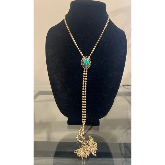 1973 Avon Ming Green Tassel Lariat Necklace DeLizza Elster Juliana Vintage Rare