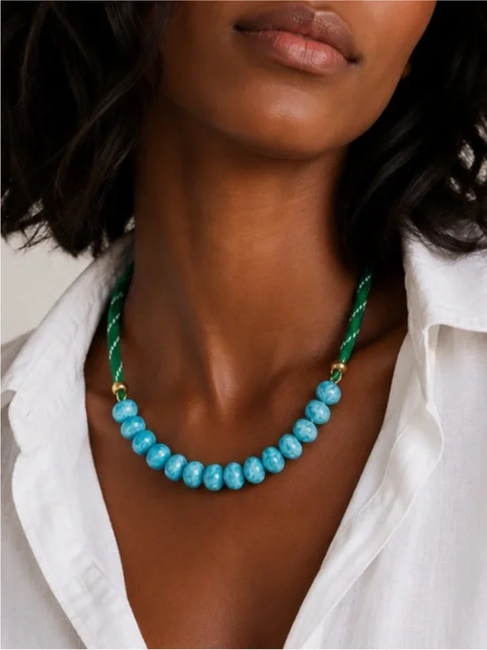 New! Preppy Colorful Green Cord Blue Bead Dopamine Necklace NWOT 4018