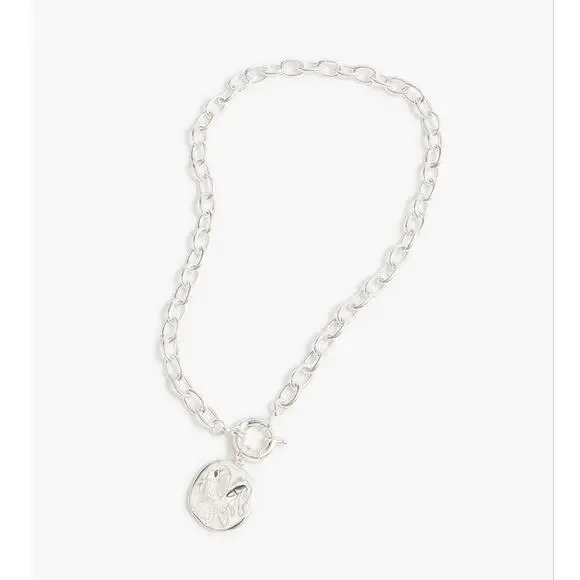 J. Crew Hammered Pendant Chain Necklace Silver Tone Round Medallion BY619 NWT