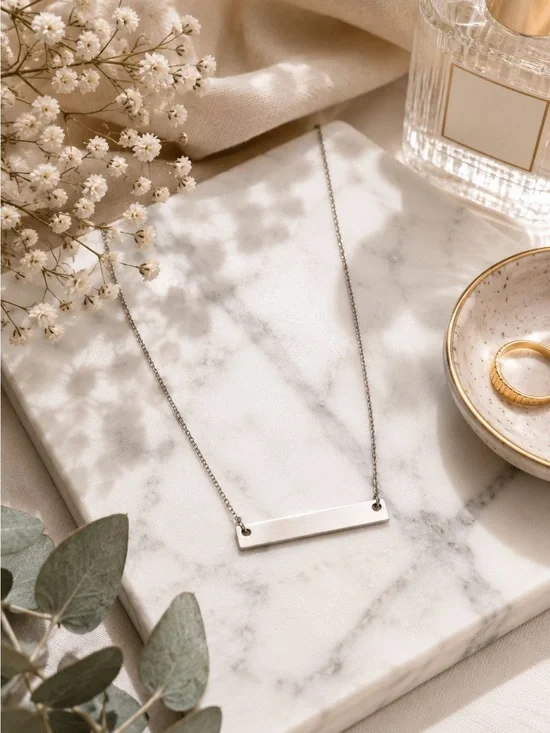 Minimalist Silver Tone Bar Necklace | Layering Necklace Blank Plate Necklace