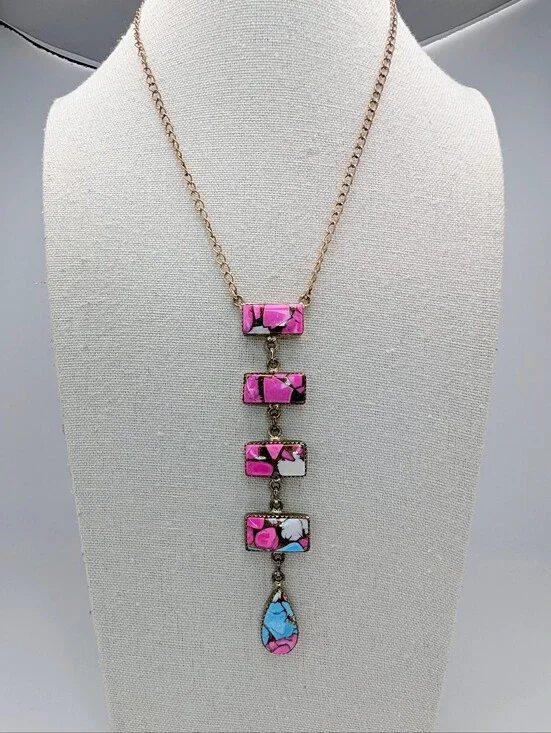 Cotton Candy Turquoise Lariat S925 Sterling Silver Gemstone Statement Necklace