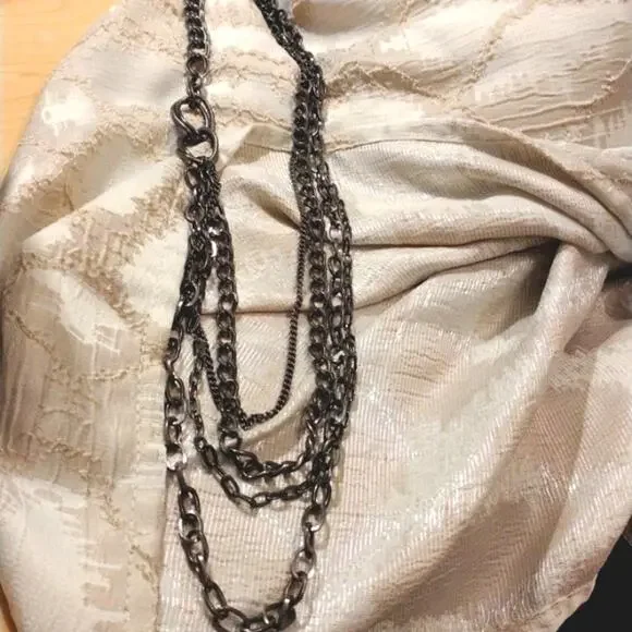 70s Necklace Long Chain 4 Strand Gun Metal‎ Layered Hippie Gypsy Office Career