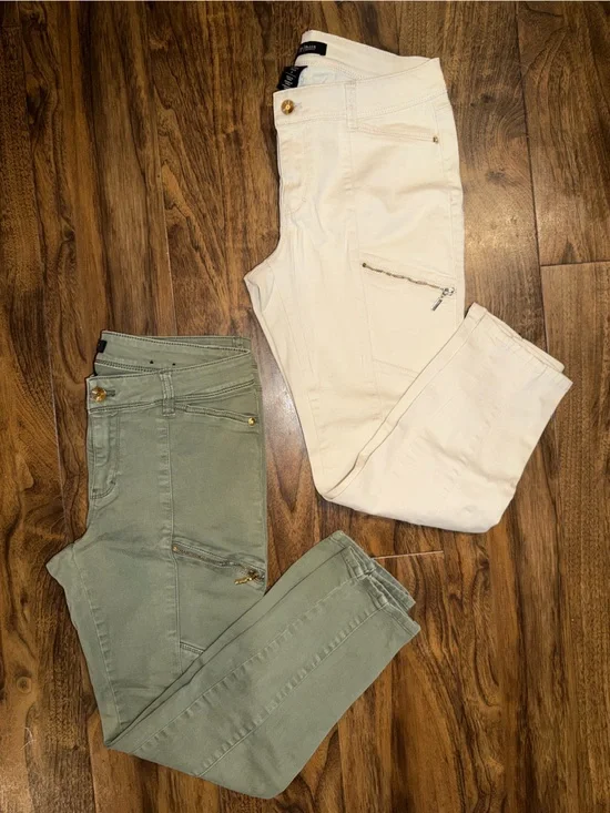 WHBM Skinny Crop Cargo Ankle Pants - Olive & Cream - Set of 2
