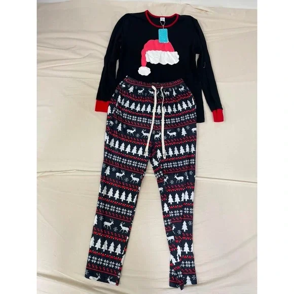 IFFEI Womens Christmas Pajama Set Santa Hat Top Fair Isle Reindeer Pants Small