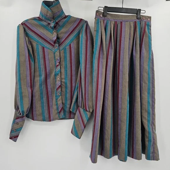 Vintage Western Sophisticates Pendleton Striped Pleated Skirt‎ Set Blouse 13/14